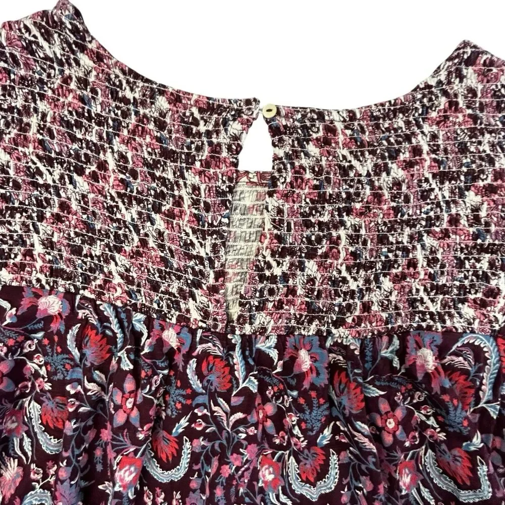 Lucky Brand Paisley Floral Smocked Top Women Medium Burgundy 3/4 Sleeve